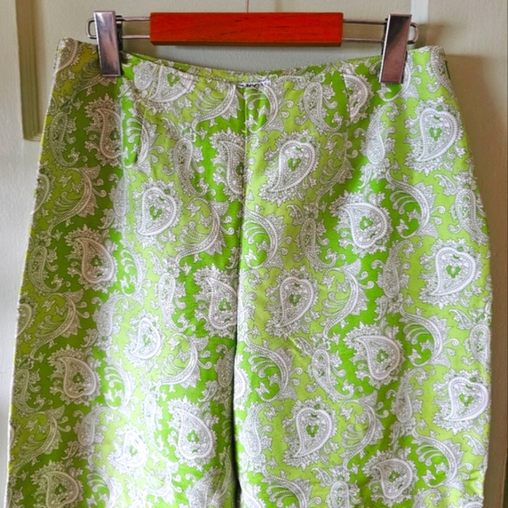 100% silk paisley print green white vintage capri pants 60s 70s hippie retro - Picture 5 of 11